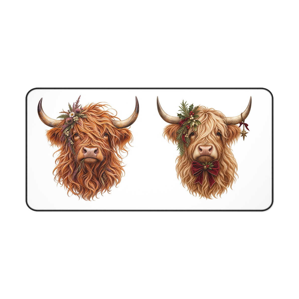 Highland Cow Duo Desk Mat | Floral Highland Cattle Illustration