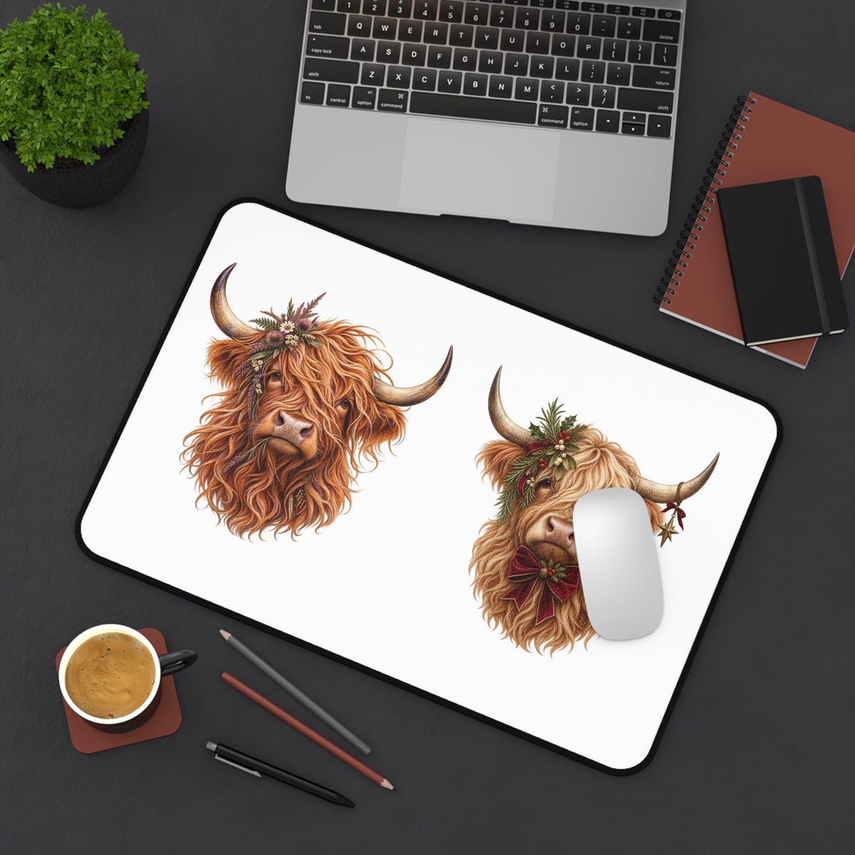 Highland Cow Duo Desk Mat | Floral Highland Cattle Illustration