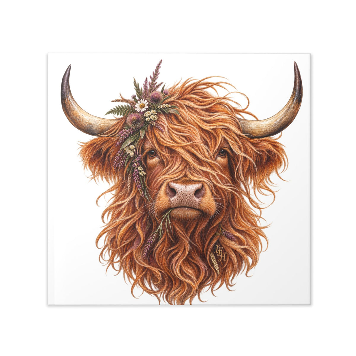 Highland Cow Portrait Hardcover Photo Book | Rustic Farmhouse, Floral Horns