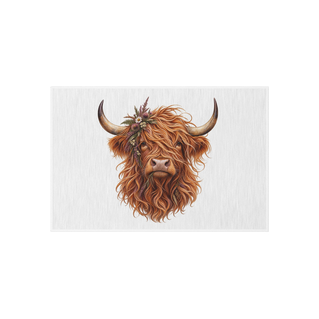 Highland Cow Floral Crown Outdoor Rug | Farmhouse Patio Mat