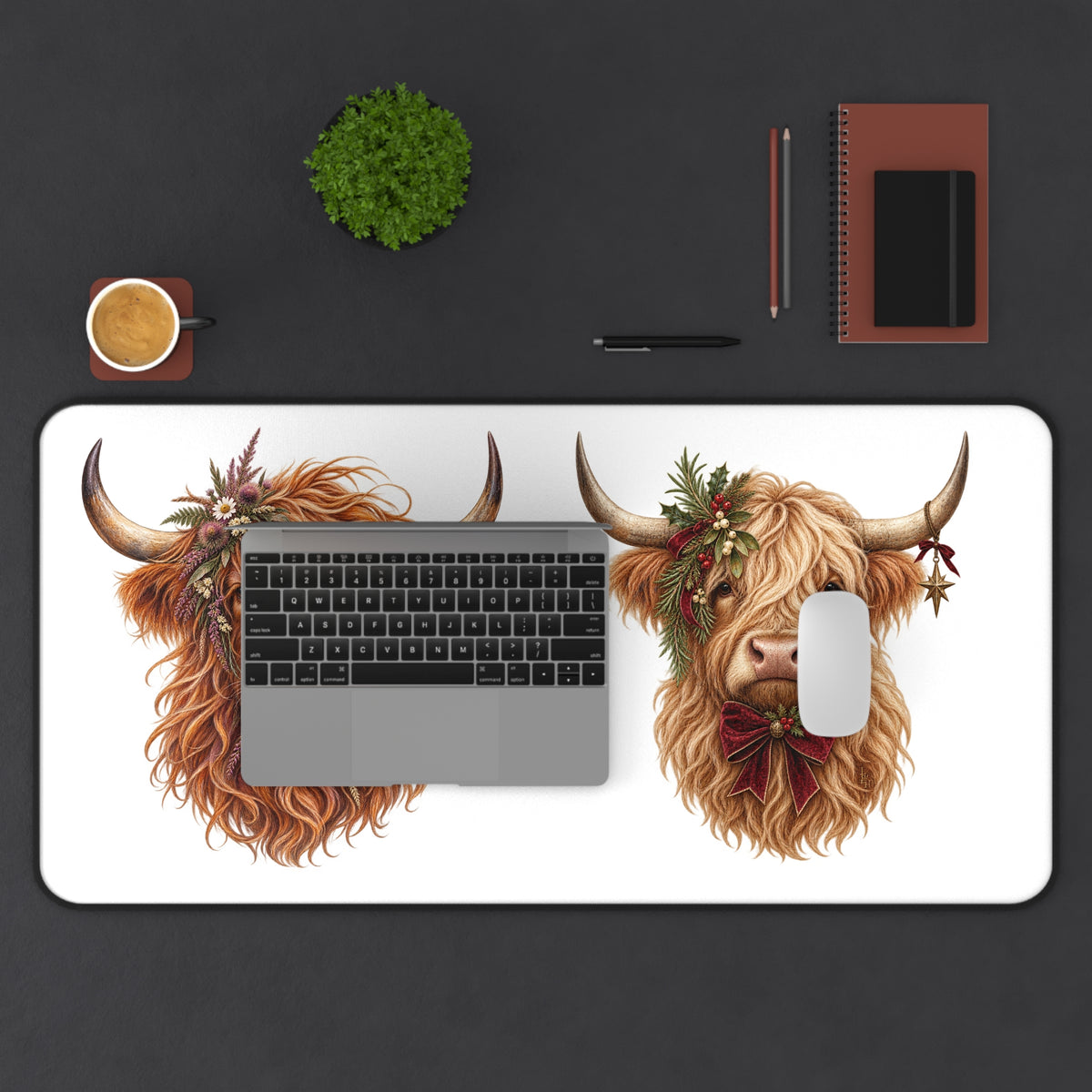 Highland Cow Duo Desk Mat | Floral Highland Cattle Illustration