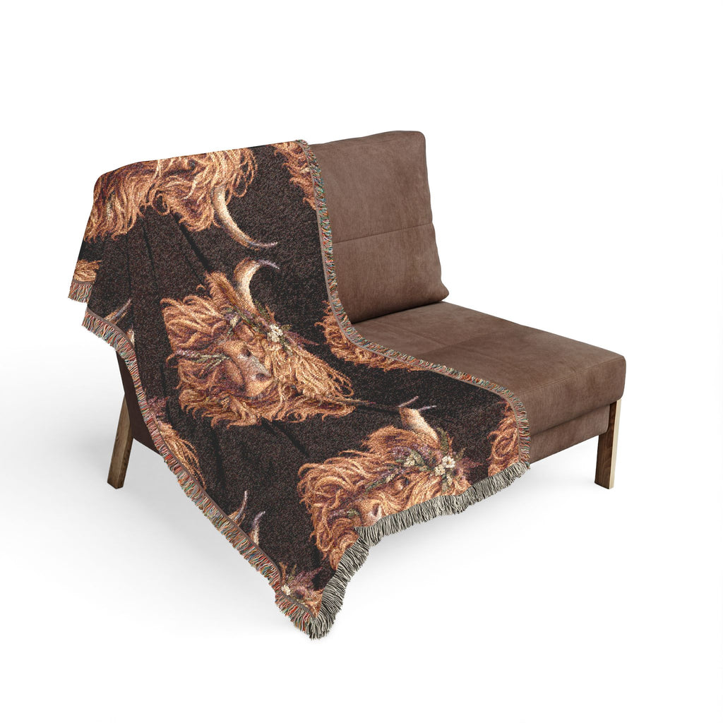 Highland Cow Pattern Woven Blanket | Rustic Tartan Throw