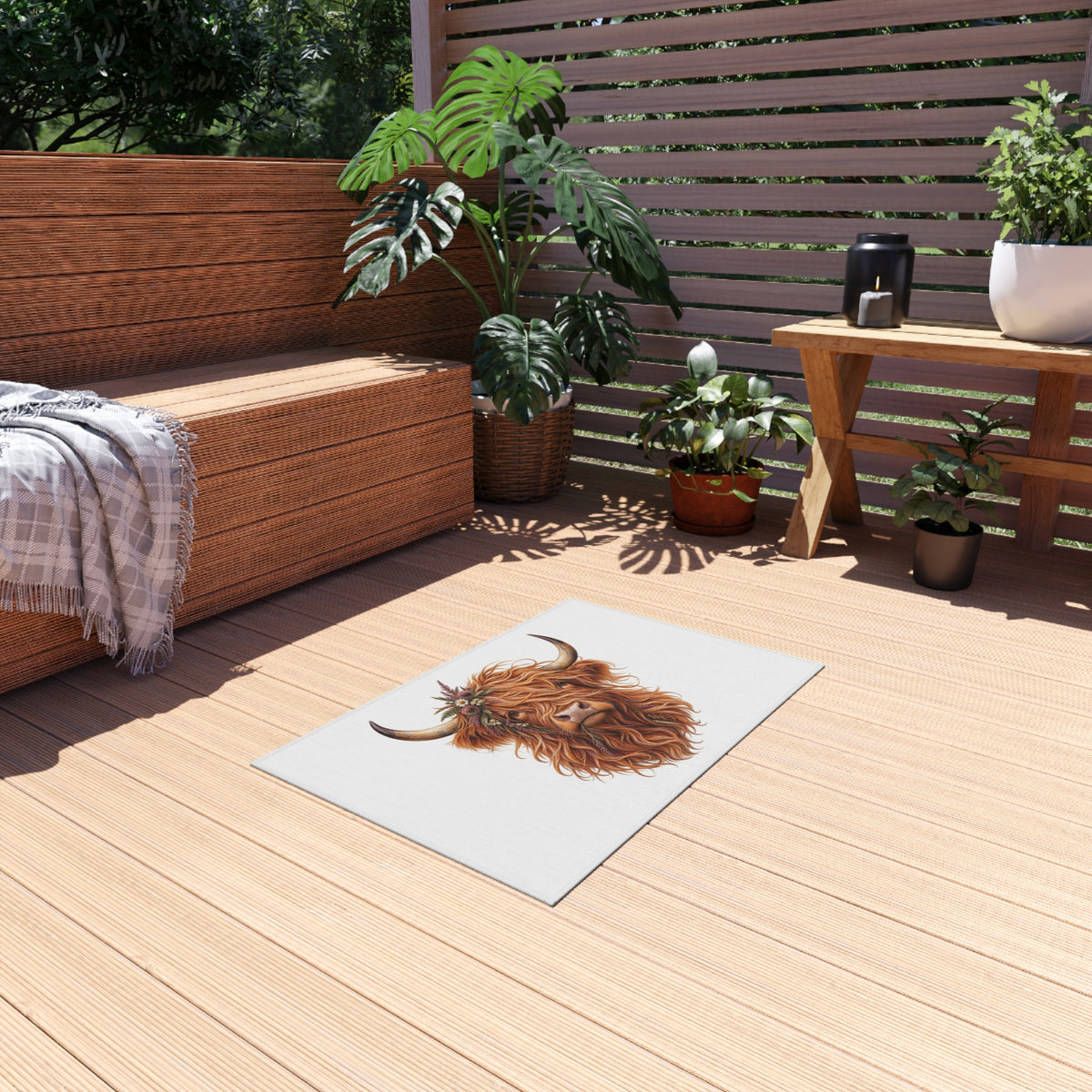 Highland Cow Floral Crown Outdoor Rug | Farmhouse Patio Mat